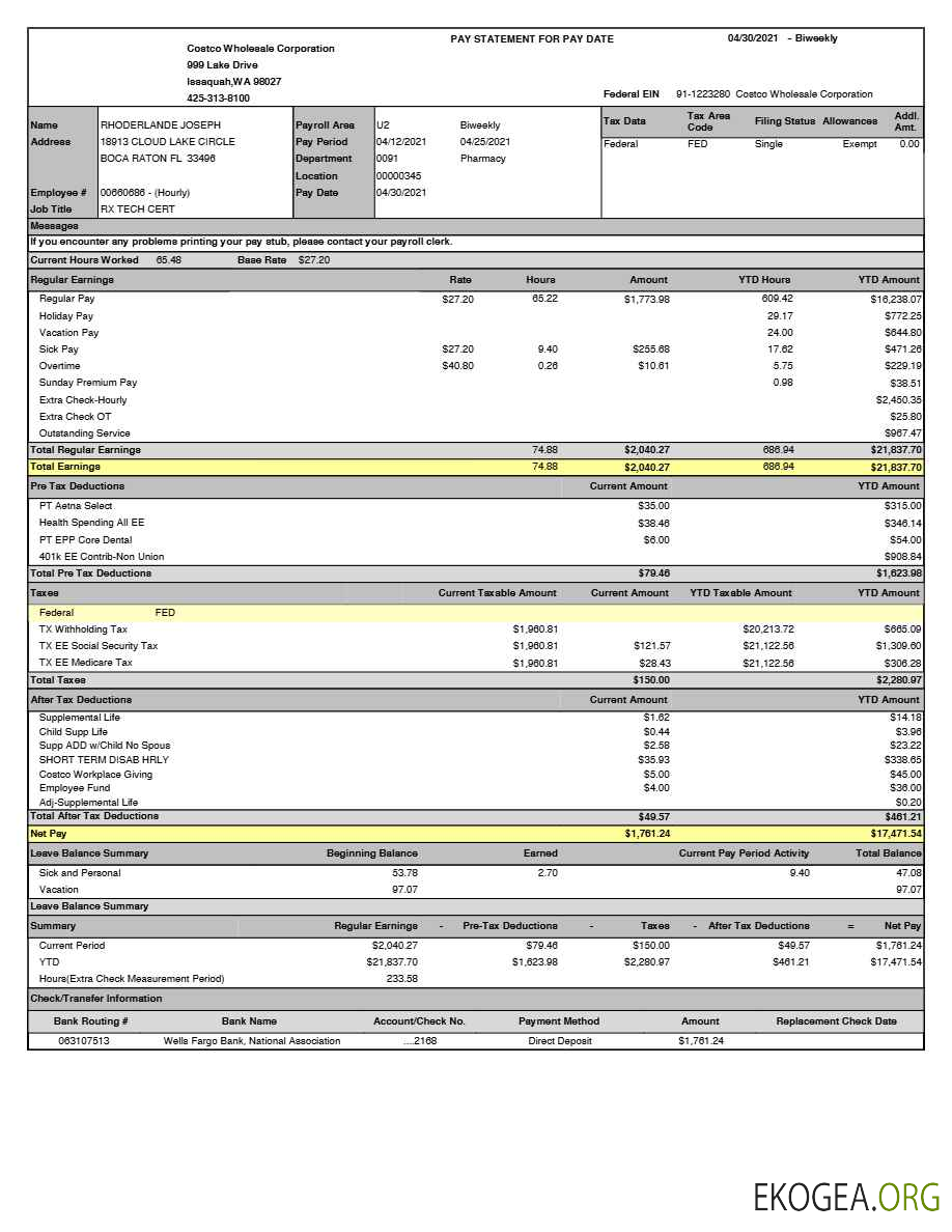 Modèle de relevé de paie de Costco Wholesale Corporation aux formats Word et PDF.pdf, 1